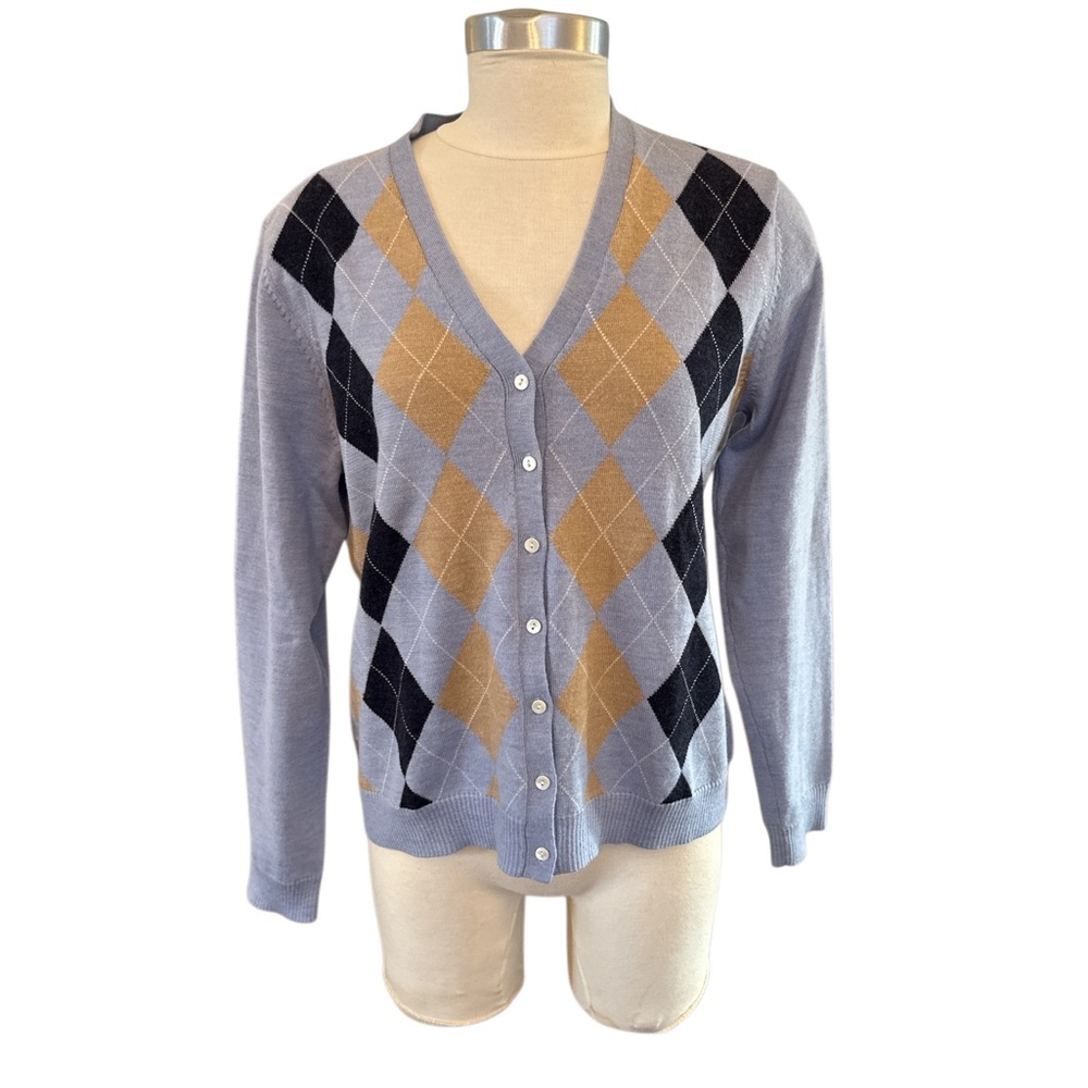 Brooks Brothers Women's Argyle Cardigan - Gray, Black, Gold 100% Merino Wool